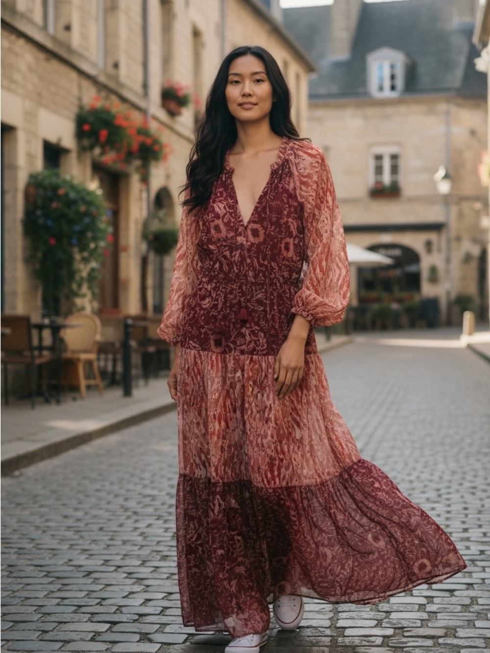 0044. Boho V-Neck Tiered Maxi Dress in Rosewood